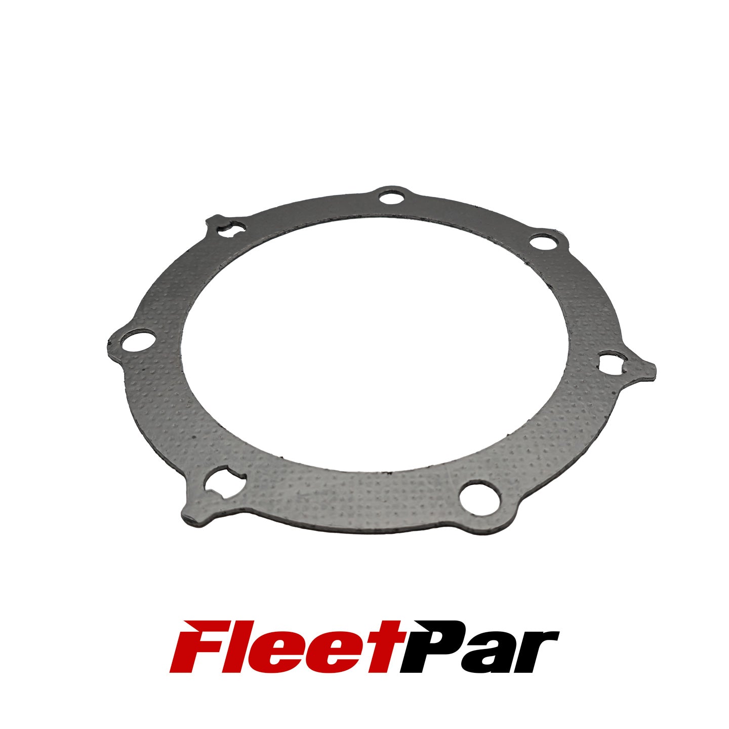 7C3Z-5H247-B DPF Gasket for Ford 2008 to 2010 Trucks A close-up image of a round metal gasket with multiple bolt holes, displayed on a white background with the FleetPar logo in red and black at the bottom.