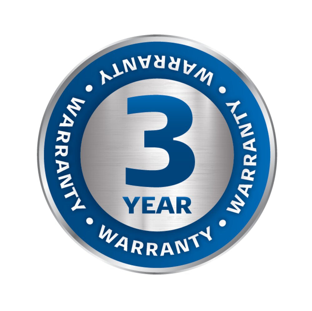 Circular blue and silver 3-year warranty badge with the word