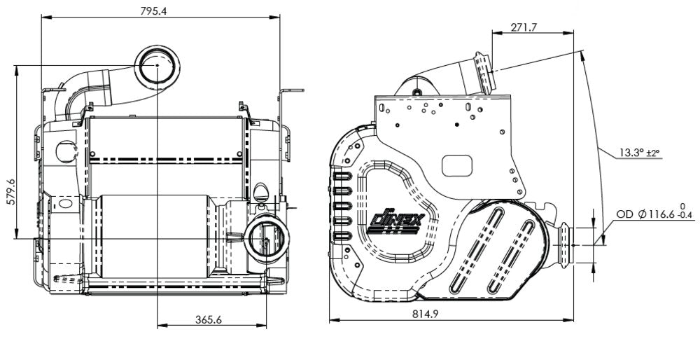 A technical drawing of the Dinex OneBox system showing both side and front views with dimensions. The measurements include the height (579.6 mm), width (795.4 mm), and depth (814.9 mm). Specific details like the diameter of the outlet pipe (116.6 mm) and an angle of 13.3° for the exhaust are also indicated. The drawing outlines the components and structural details of the emissions control unit, including mounting points and connections.