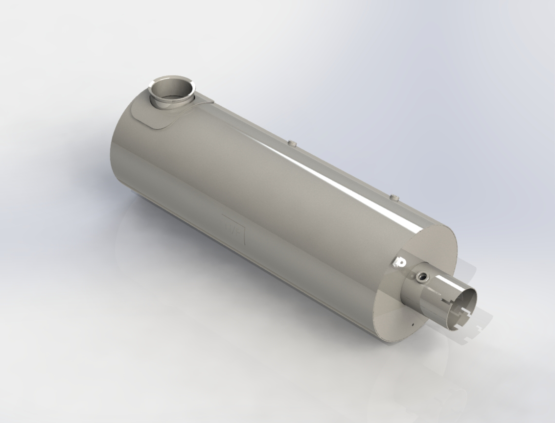 High-quality rendering of a Cummins Selective Catalytic Reduction (SCR) unit, model numbers 4394675, 4394674, A055F070, A055F069. The cylindrical unit is shown in a metallic finish with an inlet and outlet for exhaust gases, designed for emission control in diesel engines. The smooth, streamlined body of the SCR system is visible, with mounting points along the top and end sections for secure installation.