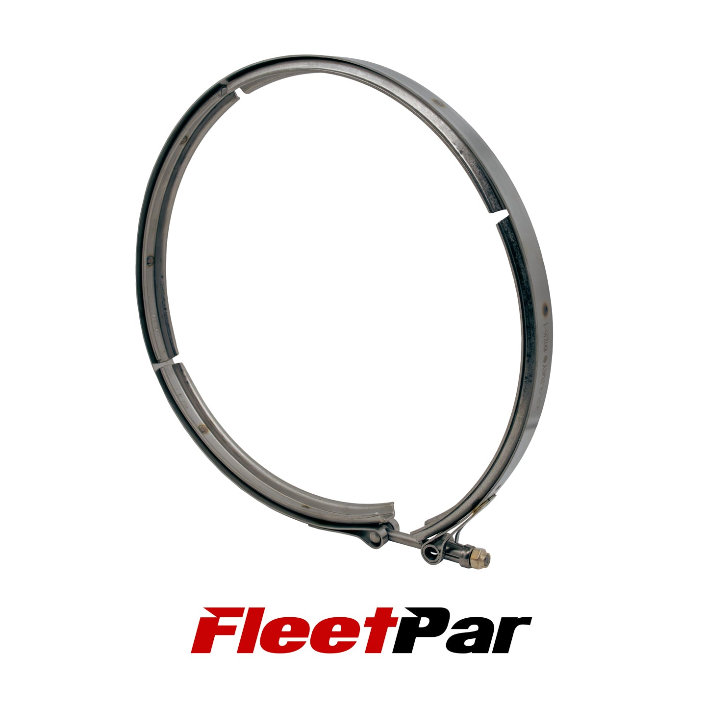 A side view of the Cummins/Paccar Diesel Particulate Filter (DPF) Clamp standing at an angle, highlighting the clamp's curvature and build. Part numbers: 5304849, 2011939PE, 2011939, A041Y497, A041V673.