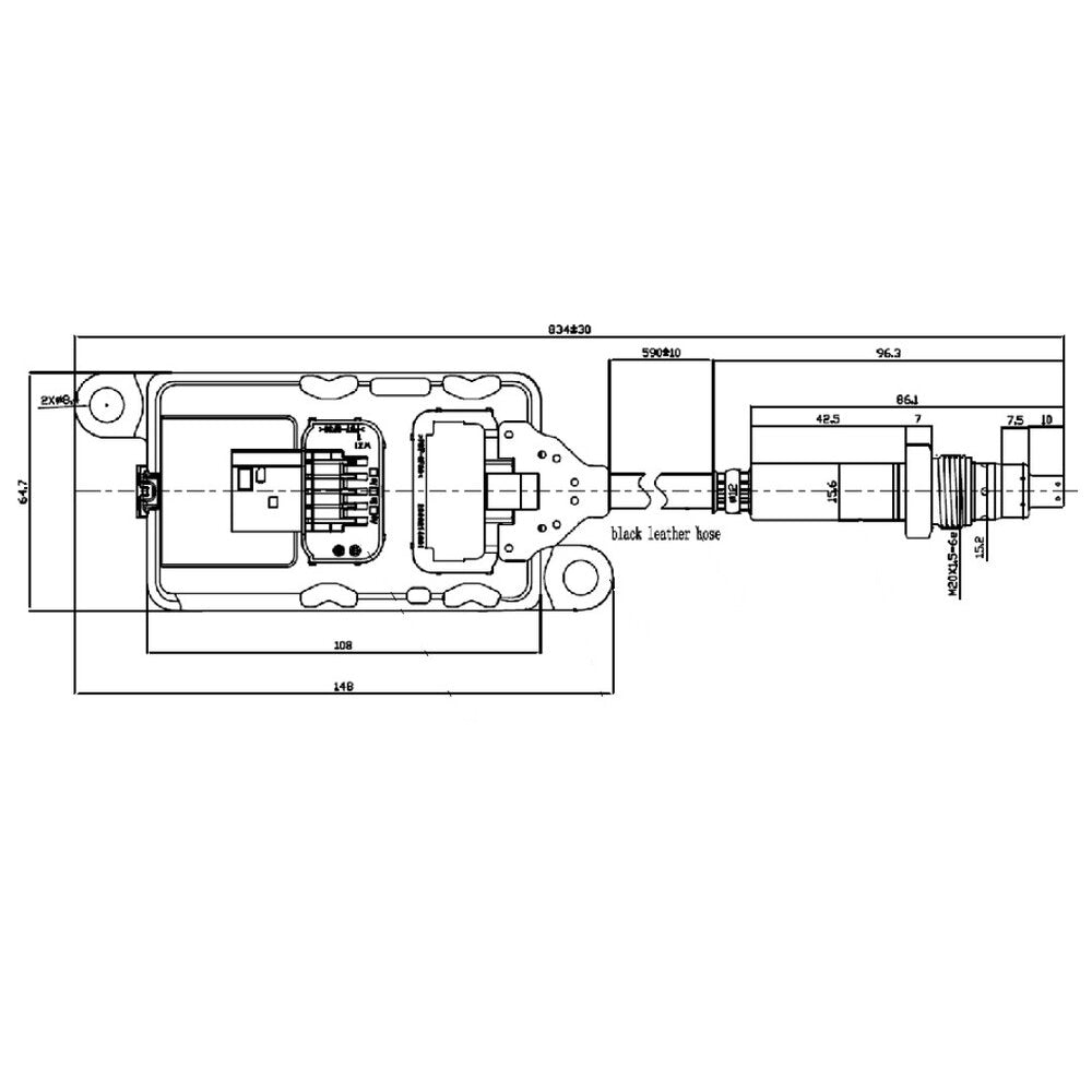 Technical diagram of the Dinex 22028 NOx sensor for Caterpillar engines, highlighting dimensions, connector layout, and key features of the Gen 2.0 Smart Technology; includes references to OEM part numbers 1710806, 4326864, 6460756, CONTIREF.5WK96750C