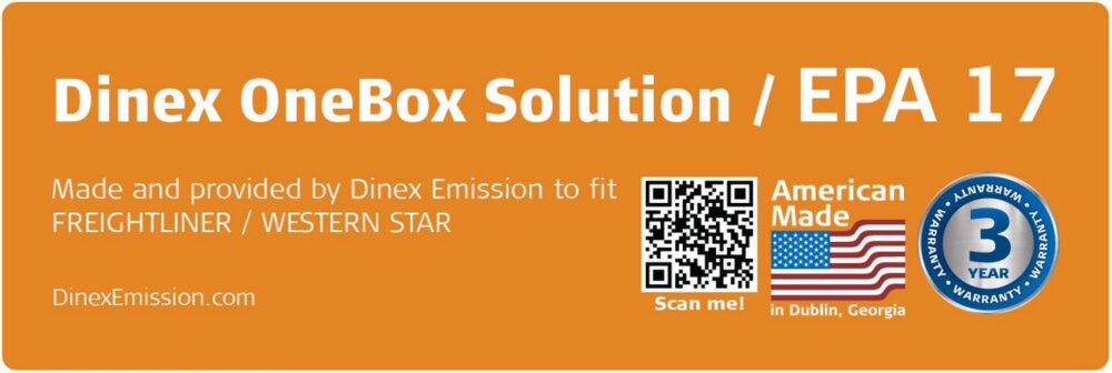 Banner promoting Dinex OneBox Solution for EPA 17 compliance. Text highlights that the product is made for Freightliner and Western Star trucks, manufactured in Dublin, Georgia, USA. The banner includes a QR code for scanning, an American flag indicating 'American Made,' and a '3-Year Warranty' badge. The DinexEmission.com website is also listed.