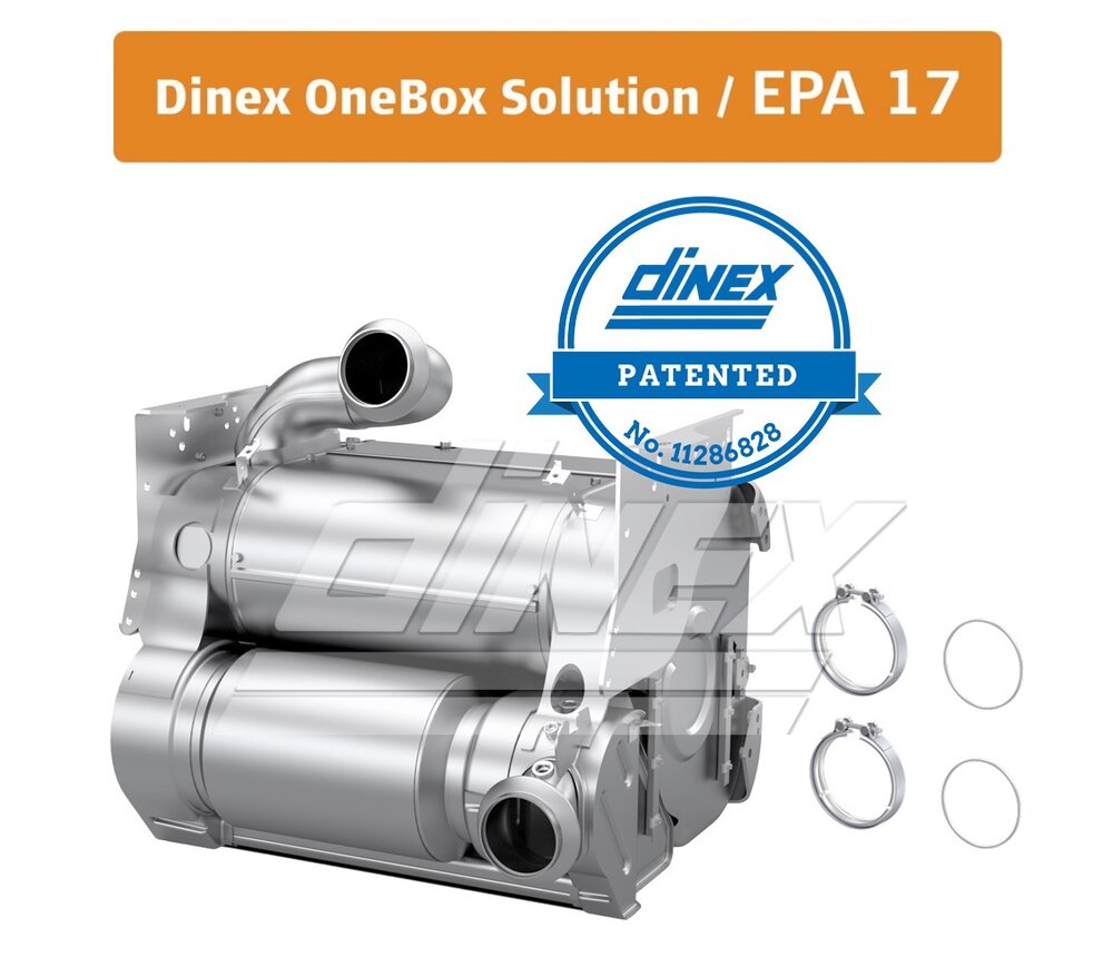 A detailed product image of the Dinex OneBox Solution for EPA 17 compliance. The system features a stainless steel exhaust aftertreatment unit, with visible piping and clamps, designed for emissions control in diesel engines. The image also includes the Dinex logo with a