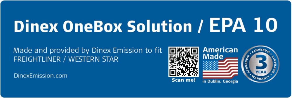 Dinex OneBox Solution for EPA 10 compliance, designed for Freightliner and Western Star vehicles. Proudly American-made in Dublin, Georgia, and covered by a 3-year warranty. Scan the QR code for more details.