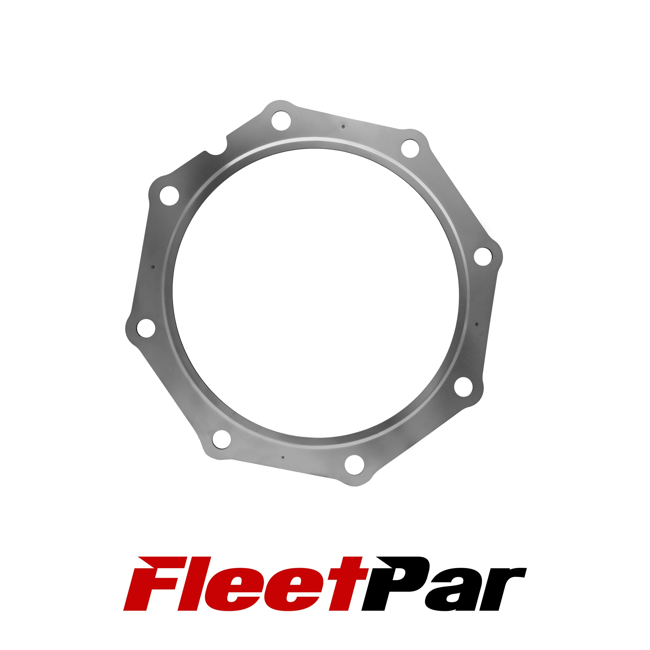 A close-up photograph of the Kubota Diesel Particulate Filter DPF Gasket | 1J770-18410. The gasket is made of durable materials and has eight holes for optimized engine performance. The product is specifically designed for Kubota diesel particulate filters and guarantees a perfect fit.