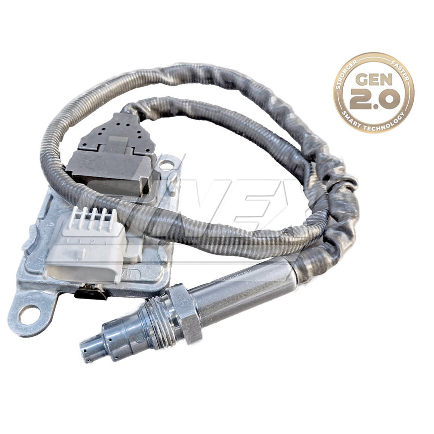 Photo of a NOx Sensor compatible with Cummins engines, shown with the Gen 2.0 Smart Technology logo.