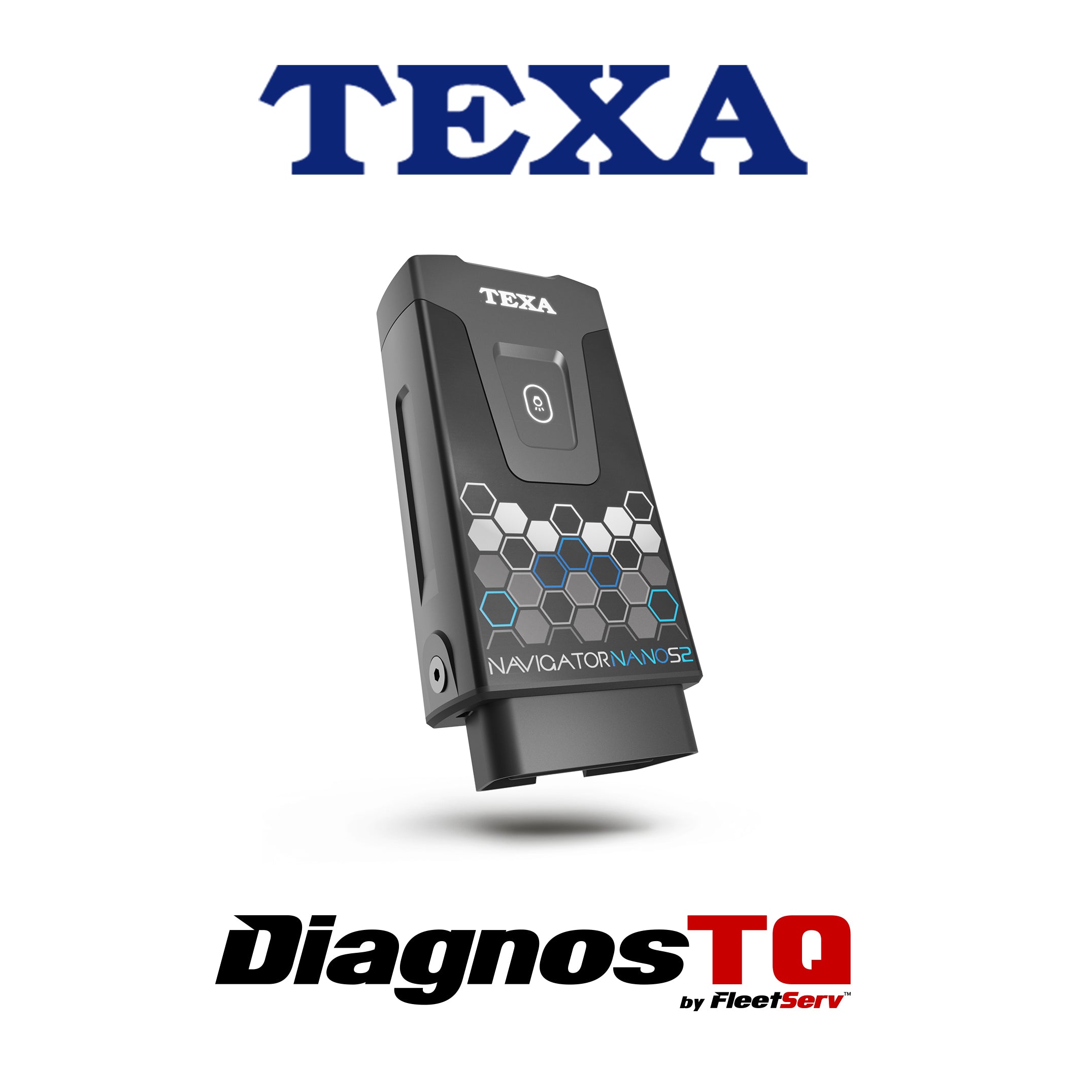 A close-up of the TEXA NAVIGATOR NANO S 2, a compact and lightweight vehicle diagnostic interface, featuring a modern hexagonal design and a power button.