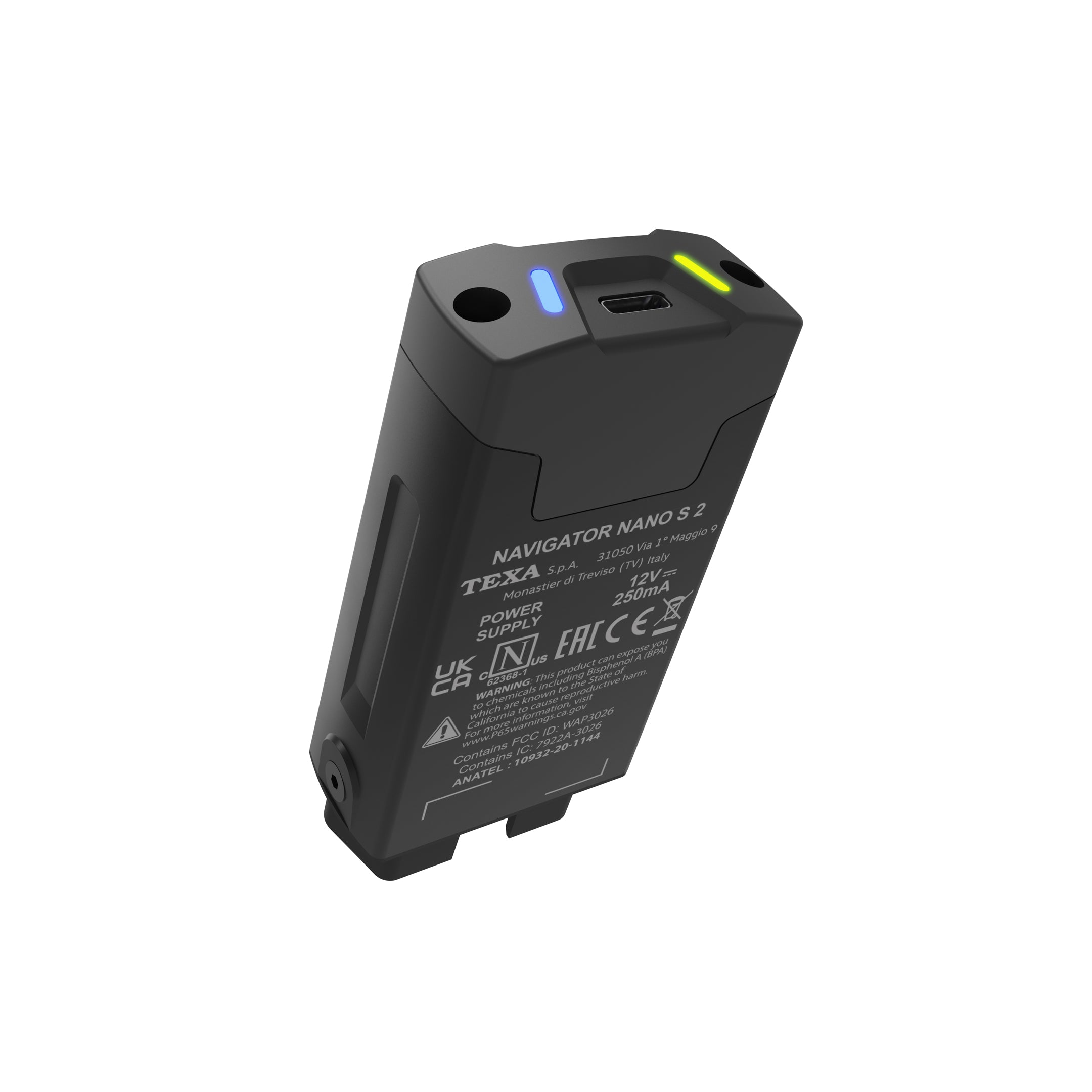 The back side of the TEXA NAVIGATOR NANO S 2, displaying connectivity ports, LED indicators, and technical specifications.