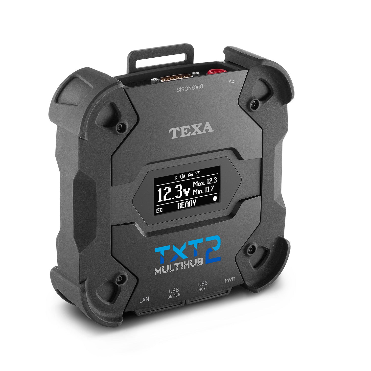 Angled front view of the TEXA Navigator TXT MULTIHUB 2 diagnostic interface, showing the built-in display and rugged design.