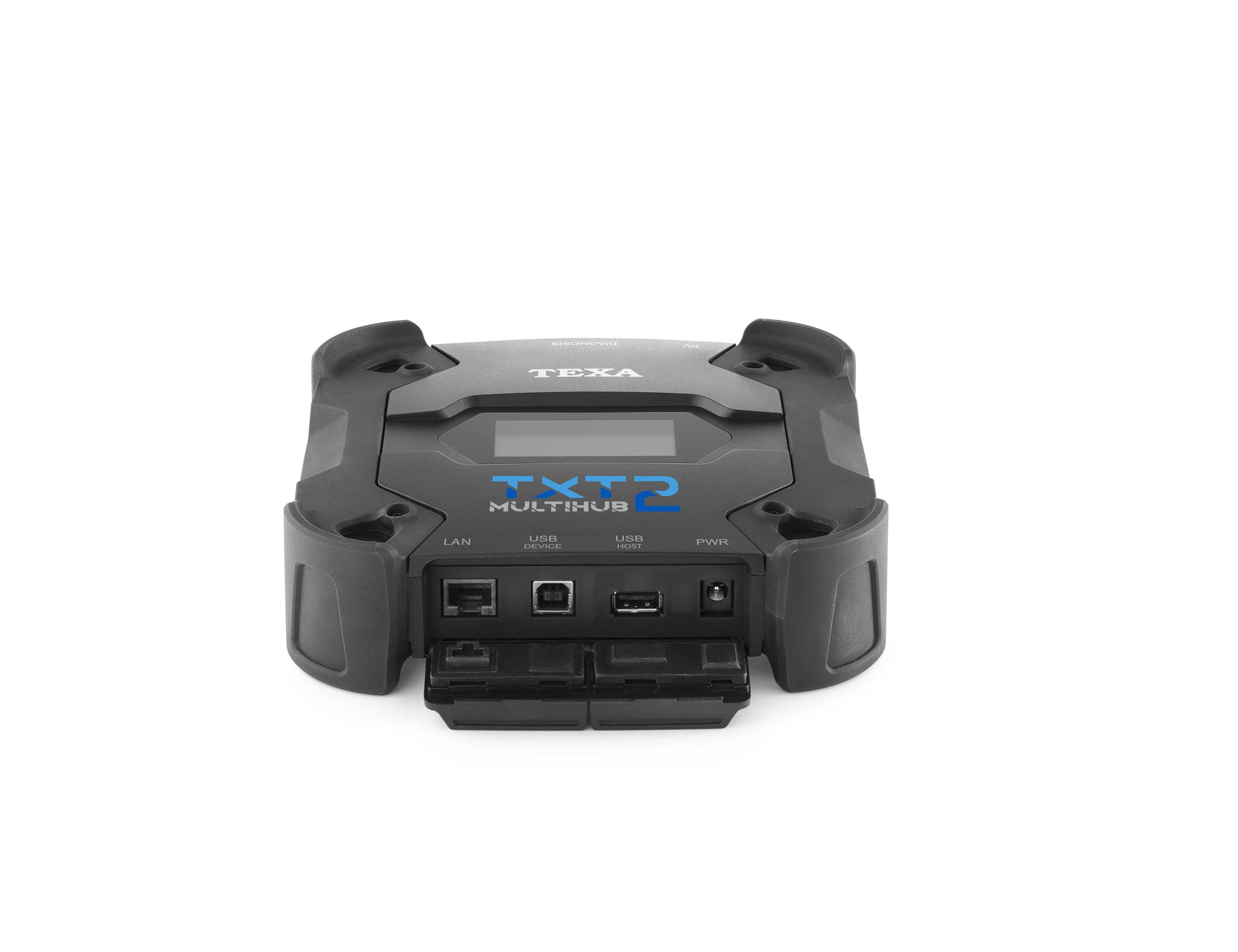 Front-facing view of the TEXA TXT MULTIHUB 2 interface, highlighting USB, LAN, and diagnostic port connections.