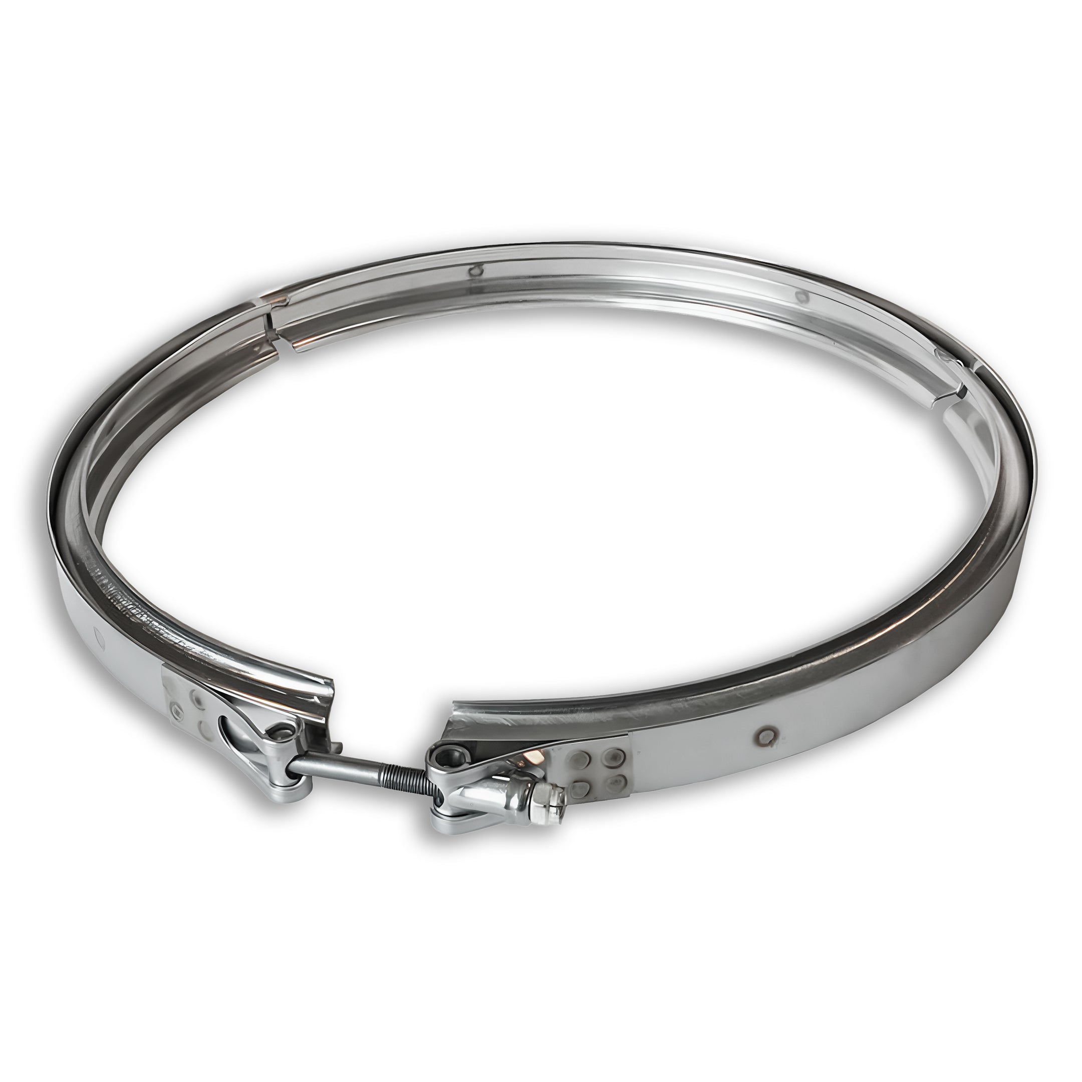 Stainless steel clamp designed for securing a Diesel Particulate Filter (DPF) on Volvo vehicles. The clamp features a latch mechanism for easy installation and a sturdy build for durability.