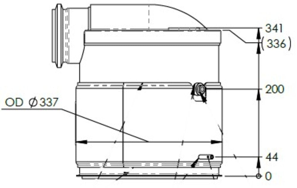 Detailed dimensional specifications of the Dinex Diesel Oxidation Catalyst (DOC) for Cummins engines. Part numbers 1912727 and 1978266.