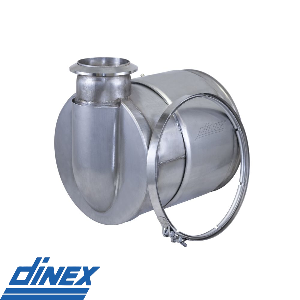 Dinex Cummins ISX Diesel Oxidation Catalyst (DOC) compatible with part numbers 2880505NX, 4353251RX, 2880505, 4353251, 5300526, 5300526RX, 5300526NX, and 4353251RX, showcasing a durable stainless steel construction and clamp accessory.