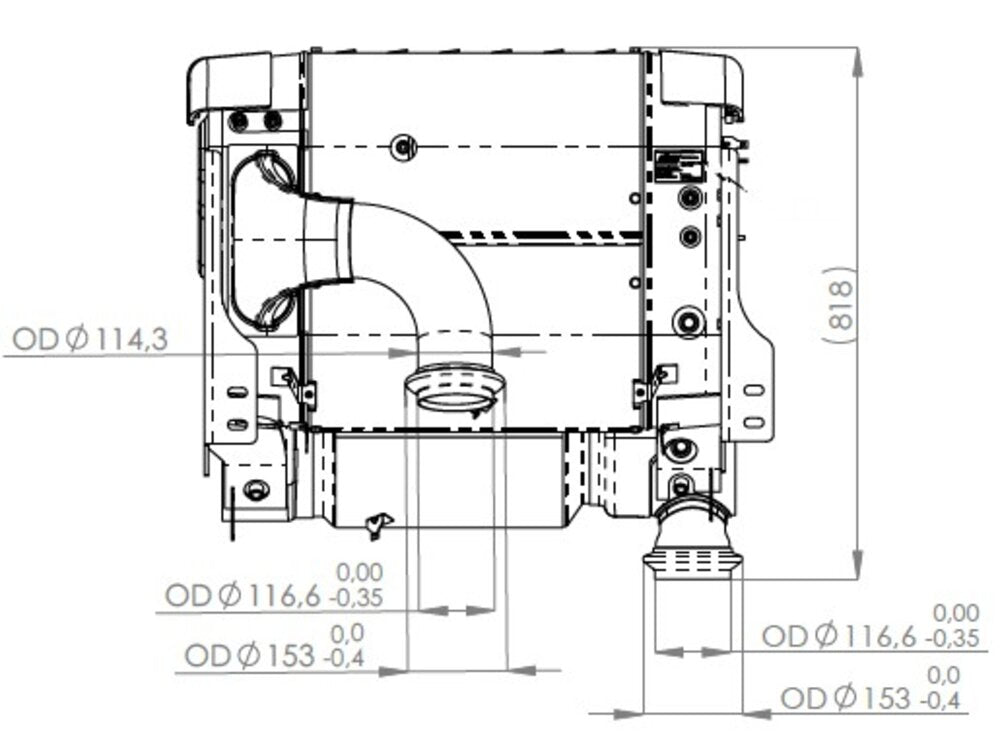 Top view technical drawing of Dinex OneBox Solution for Detroit Diesel engines with pipe dimensions.