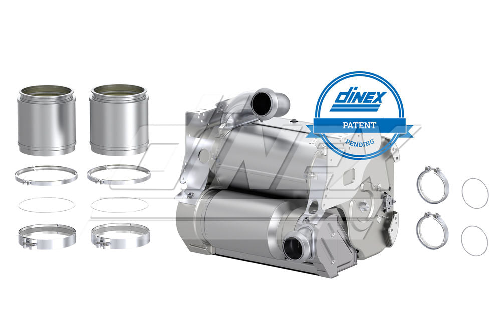 Dinex OneBox Solution with DPFs, clamps, and gaskets for Detroit Diesel engines.