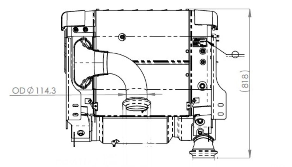 Side-view technical drawing of a Dinex OneBox Solution exhaust system, showing a pipe with an outer diameter of 114.3mm and height measurement of 818mm.