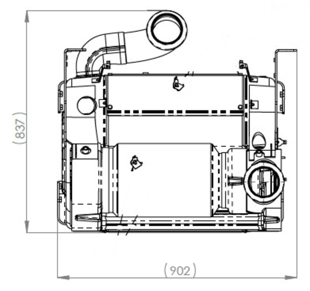 Technical drawing of a Dinex OneBox Solution exhaust system, displaying dimensions in millimeters (837mm height and 902mm width).