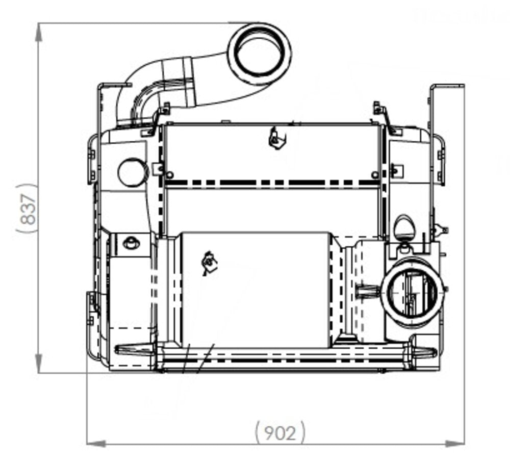 Technical drawing of Dinex OneBox Solution for Detroit Diesel engines with dimensions.