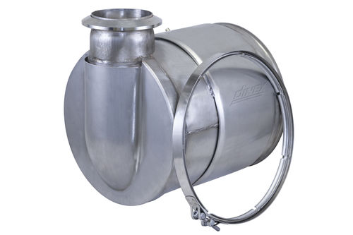 Dinex Cummins ISX Diesel Oxidation Catalyst (DOC) compatible with part numbers 2880505NX, 4353251RX, 2880505, 4353251, 5300526, 5300526RX, 5300526NX, and 4353251RX, showcasing a durable stainless steel construction and clamp accessory.