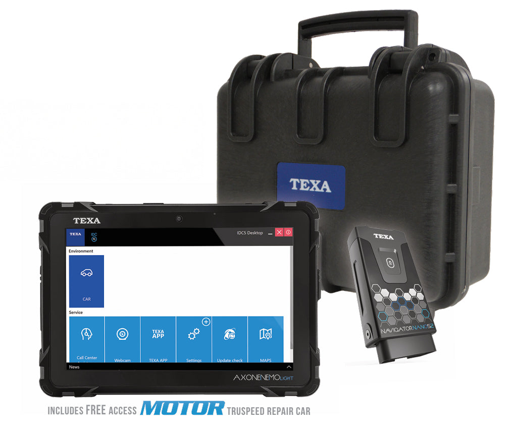 The TEXA NAVIGATOR NANO S 2 bundled with the AXONE Nemo Light tablet and a rugged carrying case. The tablet screen displays the TEXA diagnostic interface, highlighting its user-friendly software. The durable black case ensures portability and protection, making this a comprehensive vehicle diagnostics package.